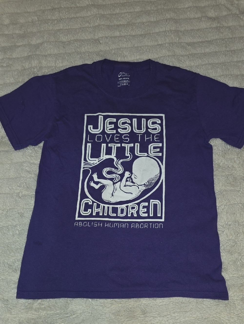 Port and Company Purple Kids' Tee with White Pro-Life Graphic